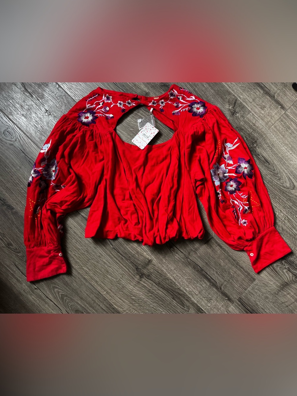 Free People Red Embroidered Open-Back Peasant Blouse